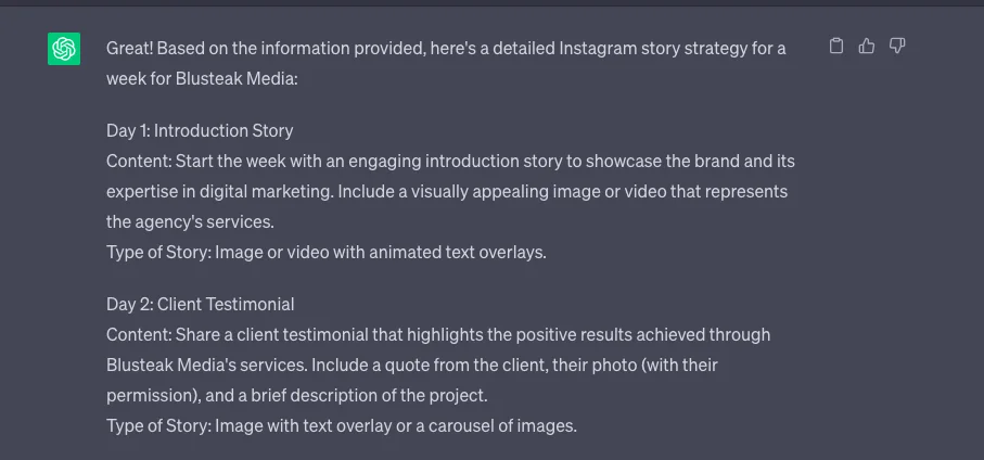 ChatGPT prompt for creating Instagram Story Ideas with Content